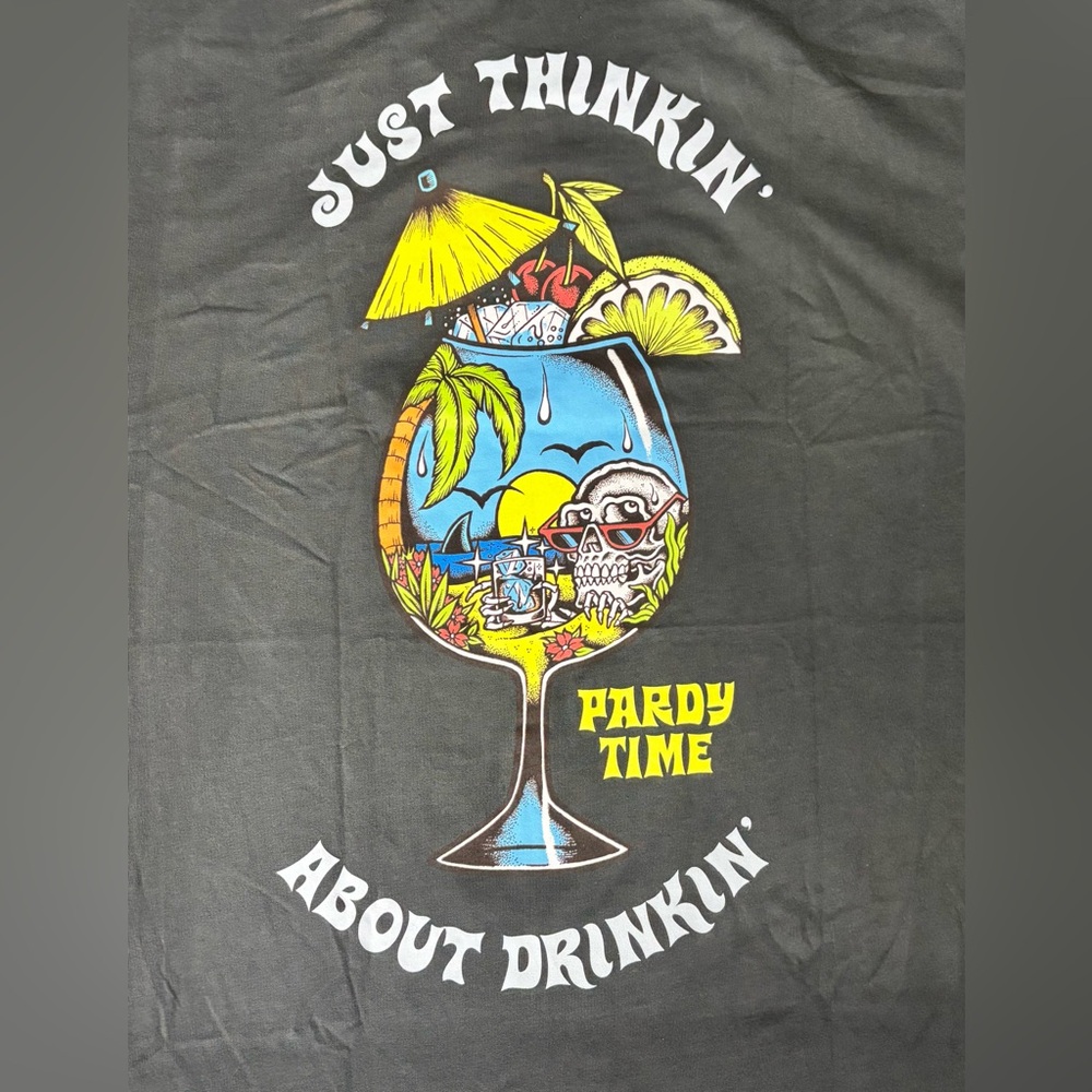 Pardy Time “Just Thinkin About Drinkin“ Black Graphic T-Shirt, Size: XL, NWT